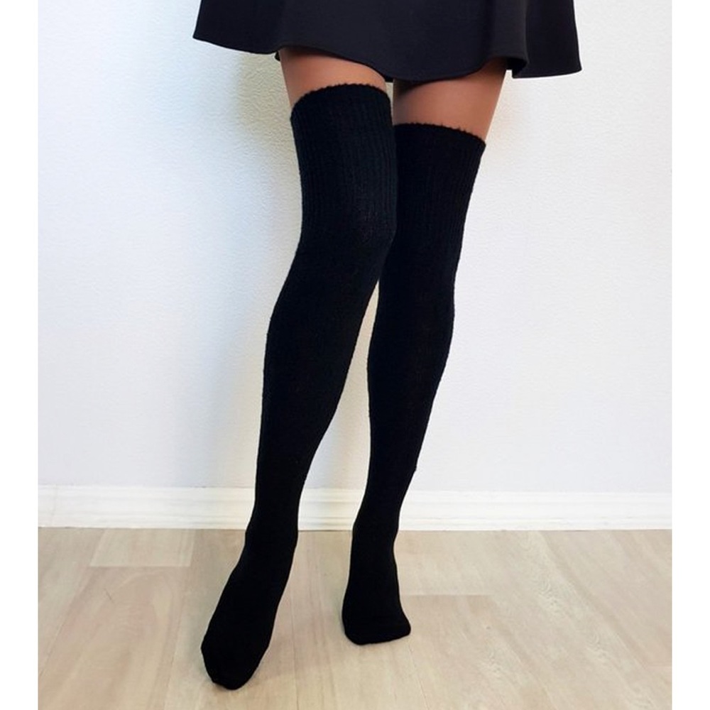 Cozy black cable knit thigh high stockings